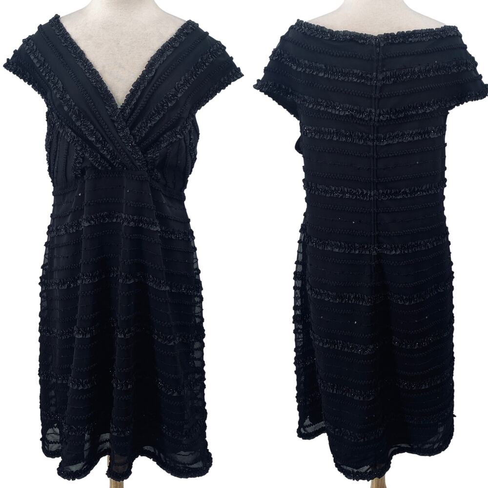 Vintage Tadashi Shoji Cocktail Dress Embellished Faux Wrap VNeck Black Womens 16